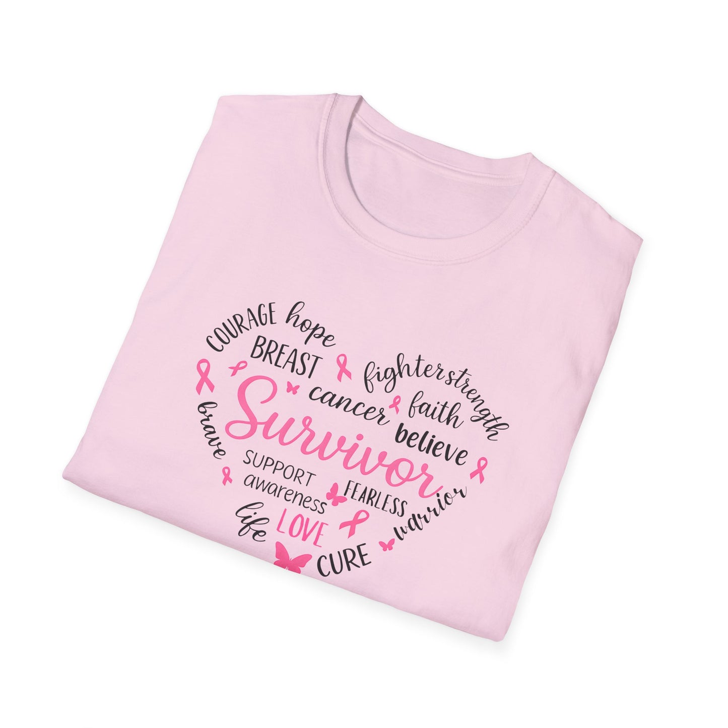 Breast Cancer Survivor Heart Softstyle T-Shirt – Believe, Hope & Strength Awareness Tee