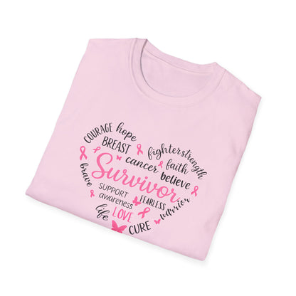 Breast Cancer Survivor Heart Softstyle T-Shirt – Believe, Hope & Strength Awareness Tee