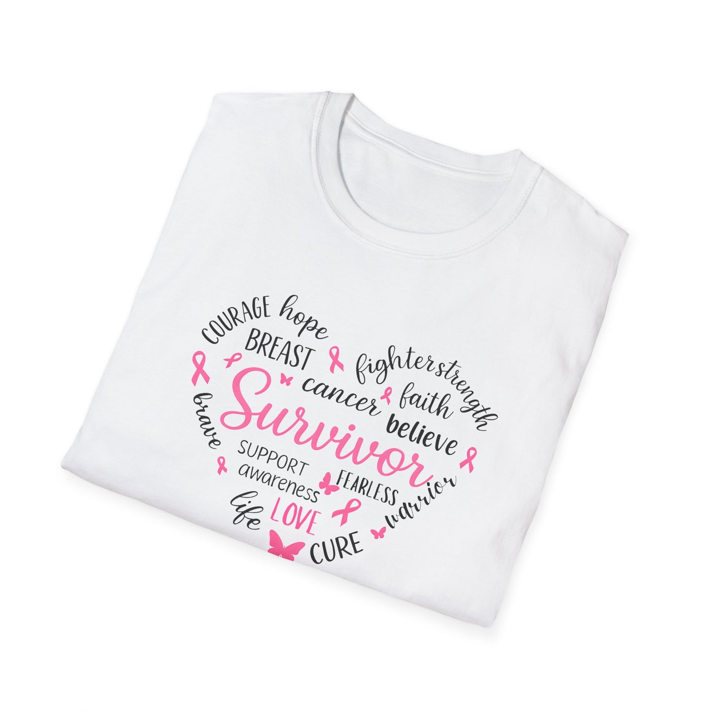 Breast Cancer Survivor Heart Softstyle T-Shirt – Believe, Hope & Strength Awareness Tee