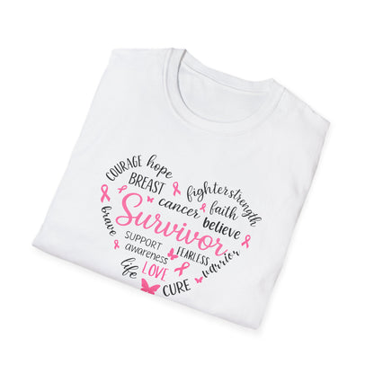 Breast Cancer Survivor Heart Softstyle T-Shirt – Believe, Hope & Strength Awareness Tee