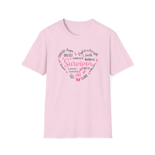 Breast Cancer Survivor Heart Softstyle T-Shirt – Believe, Hope & Strength Awareness Tee