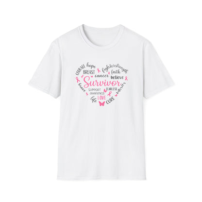 Breast Cancer Survivor Heart Softstyle T-Shirt – Believe, Hope & Strength Awareness Tee