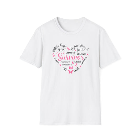 Breast Cancer Survivor Heart Softstyle T-Shirt – Believe, Hope & Strength Awareness Tee